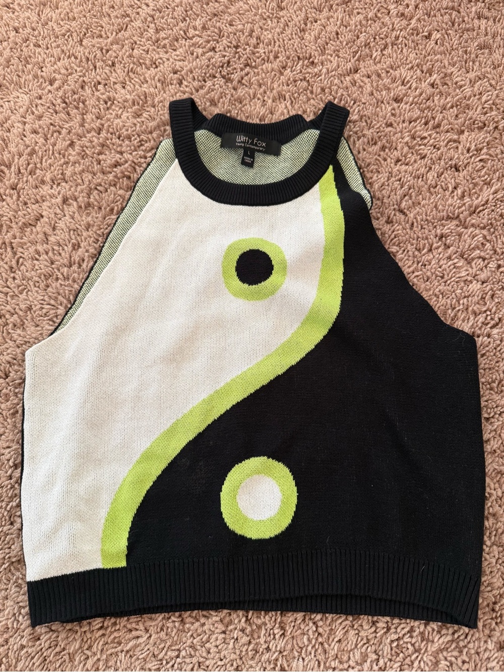 Witty Fox Women’s Black & White Yin-Yang Knit Tank with Lime Accent
